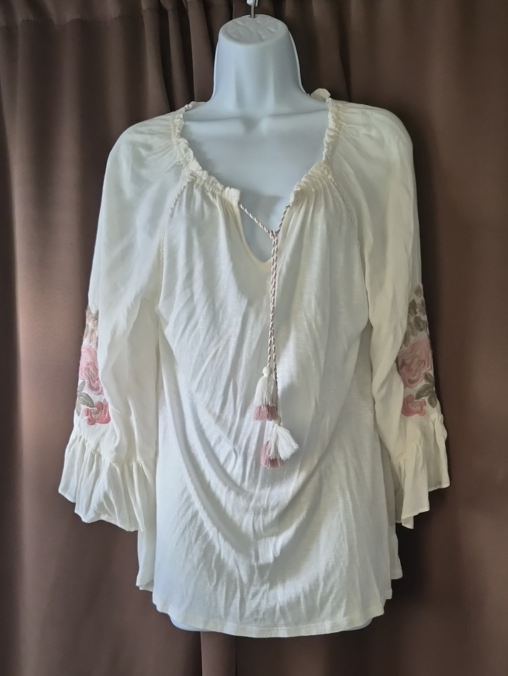 Vintage America Cream Top Peasant Tunic Floral Boho Fairy Medium Sku 0012
